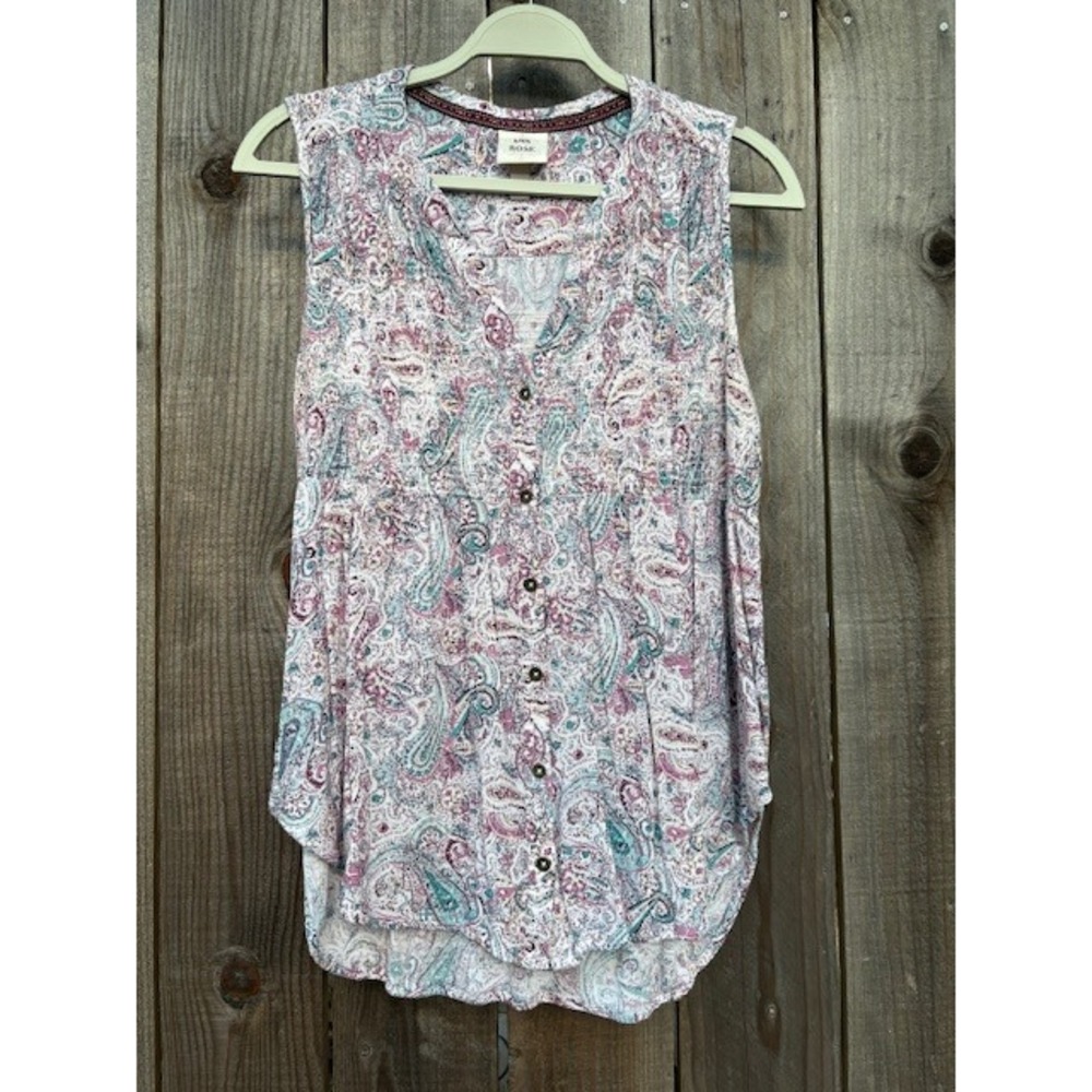 Knox Rose Womens Paisley Print Sleeveless‎ Button Down Blouse Top